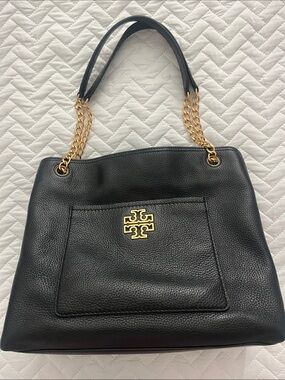 Tory Burch Britten Black Pebbled Leather Shoulder/Tote Bag Gold Chain